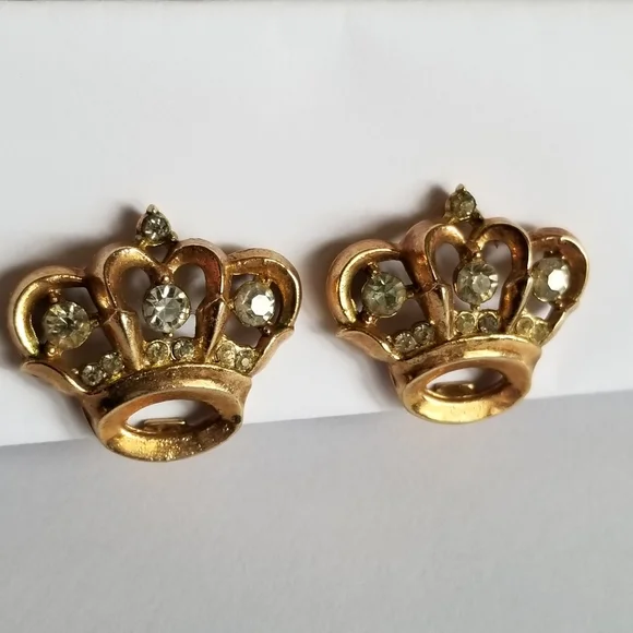 Relisted-Vintage crown shaped clip earrings gold tone clear rhinestones royal - Picture 17 of 17